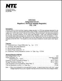 NTE1919 datasheet: Integrated circuit. Negative 3 terminal voltage regulator, -15V, 1.5A. NTE1919