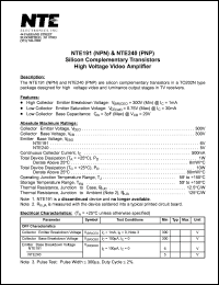 NTE191 datasheet: Silicon complementary NPN transistor. High voltage video amplifier. NTE191