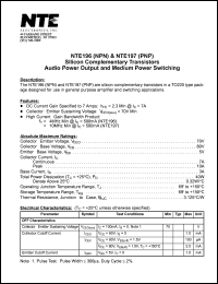 NTE196 datasheet: Silicon complementary NPN transistor. Audio power output and medium power switching. NTE196