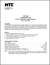 NTE1930 datasheet: Positive adjustable voltage regulator, 5V to 37V, 25mA. NTE1930