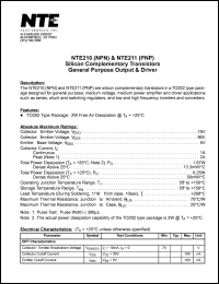 NTE210 datasheet: Silicon complementary NPN transistor. General purpose output & driver. NTE210