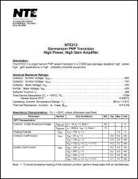 NTE213 datasheet: Germanium PNP transistor. High power, high gain amplifier. NTE213