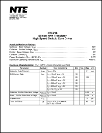 NTE216 datasheet: Silicon NPN transistor. High speed switch, core driver. NTE216