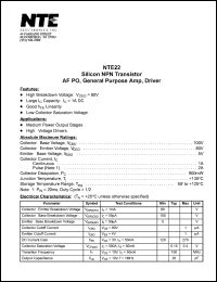 NTE22 datasheet: Silicon NPN transistor. AF PO, general purpose amplifier, driver. NTE22