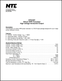 NTE2301 datasheet: Silicon NPN transistor. High voltage, horizontal output. NTE2301