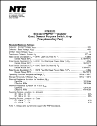 NTE2320 datasheet: Silicon NPN/PNP transistor. Quad, general purpose switch, amp (complementary pair). NTE2320