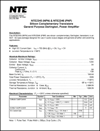 NTE2345 datasheet: Silicon complementary NPN transistor. General purpose darlington, power amplifier. NTE2345