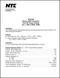 NTE236 datasheet: Silicon NPN transistor. Final RF power output (Po = 16W, 27MHz, SSB). NTE236