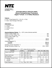 NTE2369 datasheet: Silicon complementary NPN transistor. Digital w/2 built-in 4.7k bias resistors. NTE2369