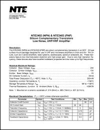 NTE2402 datasheet: Silicon complementary NPN transistor. Low noise, UNF/VNF amplifier. NTE2402