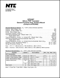 NTE2407 datasheet: Silicon PNP transistor. General purpose amp, surface mount (compl to NTE2406). NTE2407