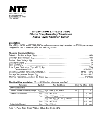 NTE242 datasheet: Silicon complementary PNP transistor. Audio power amplifier, switch. NTE242