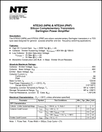 NTE243 datasheet: Silicon complementary NPN transistor. Darlington power amplifier. NTE243