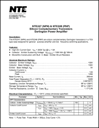 NTE247 datasheet: Silicon complementary NPN transistor. Darlington power amplifier. NTE247