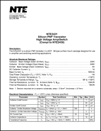 NTE2431 datasheet: Silicon PNP transistor. High voltage amp/switch (compl to 2430). NTE2431