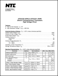 NTE2531 datasheet: Silicon complementary PNP transistor. High voltage driver. NTE2531