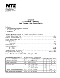 NTE2539 datasheet: Silicon NPN transistor. High voltage, high speed switch. NTE2539