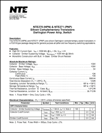 NTE271 datasheet: Silicon complementary PNP transistor. Darlington power amp, switch. NTE271