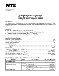 NTE274 datasheet: Silicon complementary NPN transistor. Darlington power apmlifier, switch. NTE274