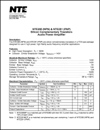 NTE280 datasheet: Silicon complementary NPN transistor. Audio power amplifier. NTE280