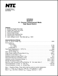 NTE2932 datasheet: MOSFET. N-channel, enhancement mode high speed switch. NTE2932