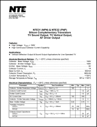 NTE31 datasheet: Silicon complementary NPN transistor. TV sound output, TV vertical output, AF driver output. NTE31