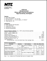 NTE3122 datasheet: Phototransistor. Silicon NPN, narrow acceptance, high sensitivity, darlington. NTE3122