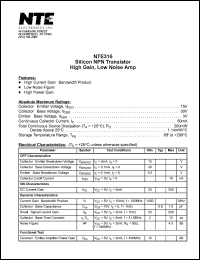 NTE316 datasheet: Silicon NPN transistor. High gain, low noise amplifier. NTE316