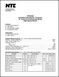 NTE3302 datasheet: Insulated gate bipolar transistor. N-channel enhancement mode, high speed switch. NTE3302