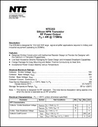 NTE353 datasheet: Silicon NPN transistor. RF power output, Po = 4W @ 175MHz. NTE353