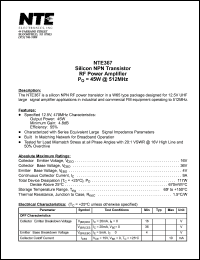 NTE367 datasheet: Silicon NPN transistor. RF power output, Po = 45W @ 512MHz. NTE367