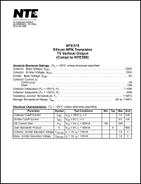 NTE375 datasheet: Silicon NPN transistor. TV vertical output (compl to NTE398). NTE375