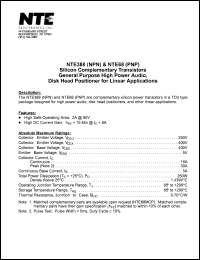 NTE388 datasheet: Silicon complementary(to NTE68) NPN transistor. general purpose high power audio, disk head positioner for linear applications. NTE388