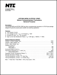 NTE390 datasheet: Silicon complementary (to NTE391) NPN transistor. General purpose. NTE390