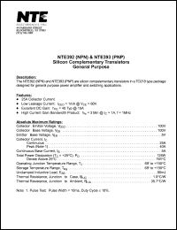 NTE393 datasheet: Silicon complementary (to NTE392) PNP transistor. General purpose. NTE393