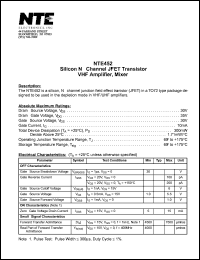 NTE452 datasheet: Silicon N-cannel JFET transistor. VNF amplifier, mixer. NTE452