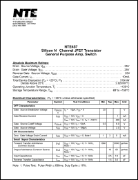 NTE457 datasheet: Silicon N-channel JFET transistor  general purpose amplifier, switch. NTE457