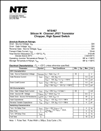 NTE467 datasheet: Silicon N-channel JFET transistor. Chopper, high speed switch. NTE467