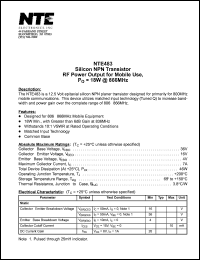 NTE483 datasheet: Silicon NPN transistor. RF power output for mobile use, Po = 18W @ 866 MHz NTE483