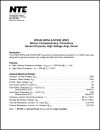 NTE49 datasheet: Silicon complementary NPN transistor. General purpose, high voltage amplifier, driver. NTE49