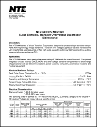 NTE4959 datasheet: Surge clamping, transient overvoltage suppressor, bidirectional. VR = 58.10V max reverse stand off voltage. NTE4959