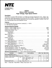 NTE51 datasheet: Silicon NPN transistor. High voltage, high speed switch. NTE51