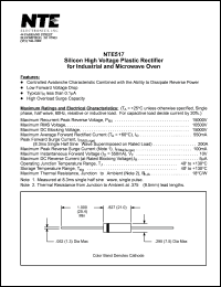 NTE517 datasheet: Silicon high voltage plastic rectifier for industrial and microwave oven. Max reccurent peak reverse voltage 15000V. Max average forward rectified current 550mA. NTE517