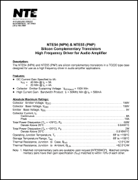 NTE55 datasheet: Silicon complementary PNP transistor. High frequency driver for audio amplifier. NTE55