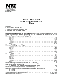 NTE5312 datasheet: Single phase bridge rectifier, 8A. Maximum recurrent peak reverse voltage, Prv = 100V. NTE5312