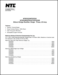 NTE5326 datasheet: Silicon bridge rectifier, single - phase, 25A. Maximum recurrent peak reverse voltage, Prv = 600V. NTE5326