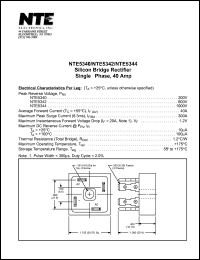 NTE5344 datasheet: Silicon bridge rectifier. Single-phase, 40 A.  Peak reverse voltage, Prv = 1000V. Average forward current, If(av) = 40A. NTE5344