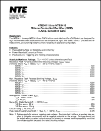 NTE5416 datasheet: Silicon controlled rectifier (SCR). 4 Amp, sensitive gate. Repetitive peak voltage and reverse blocking voltage (Vdrm, Vrrm) 600V. NTE5416