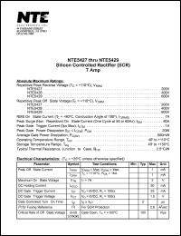 NTE5429 datasheet: Silicon controlled rectifier (SCR). Repetitive peak reverse voltage Vrrm = 600V. RMS on-state current It = 7A. NTE5429