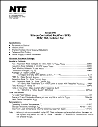 NTE5440 datasheet: Silicon controlled rectifier (SCR). Isolated tab. Repetitive peak voltage Vrrm = 800V. RMS on-state current It = 9A. NTE5440